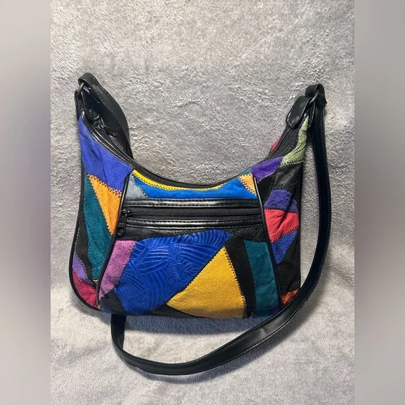 Vtg 80s La Covina Multicolored Recycled Leather Patchwork Shoulder Bag w/ Wallet - Picture 5 of 16